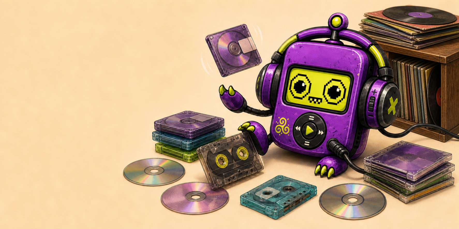 Chompis playing with MiniDiscs, cassette tapes and compact discs beside a cabinet of vinyl records