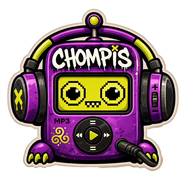 Chompis, a purple MP3 player character wearing headphones