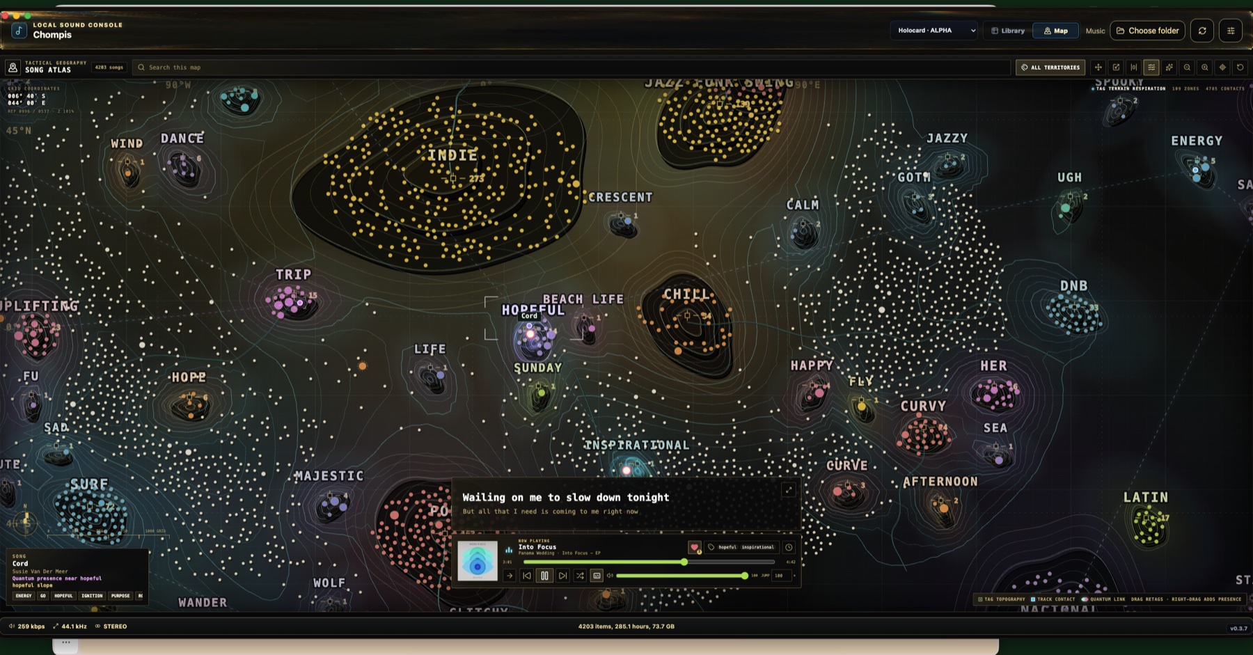 The interactive Chompis tag map with animated territories and thousands of tracks plotted across it