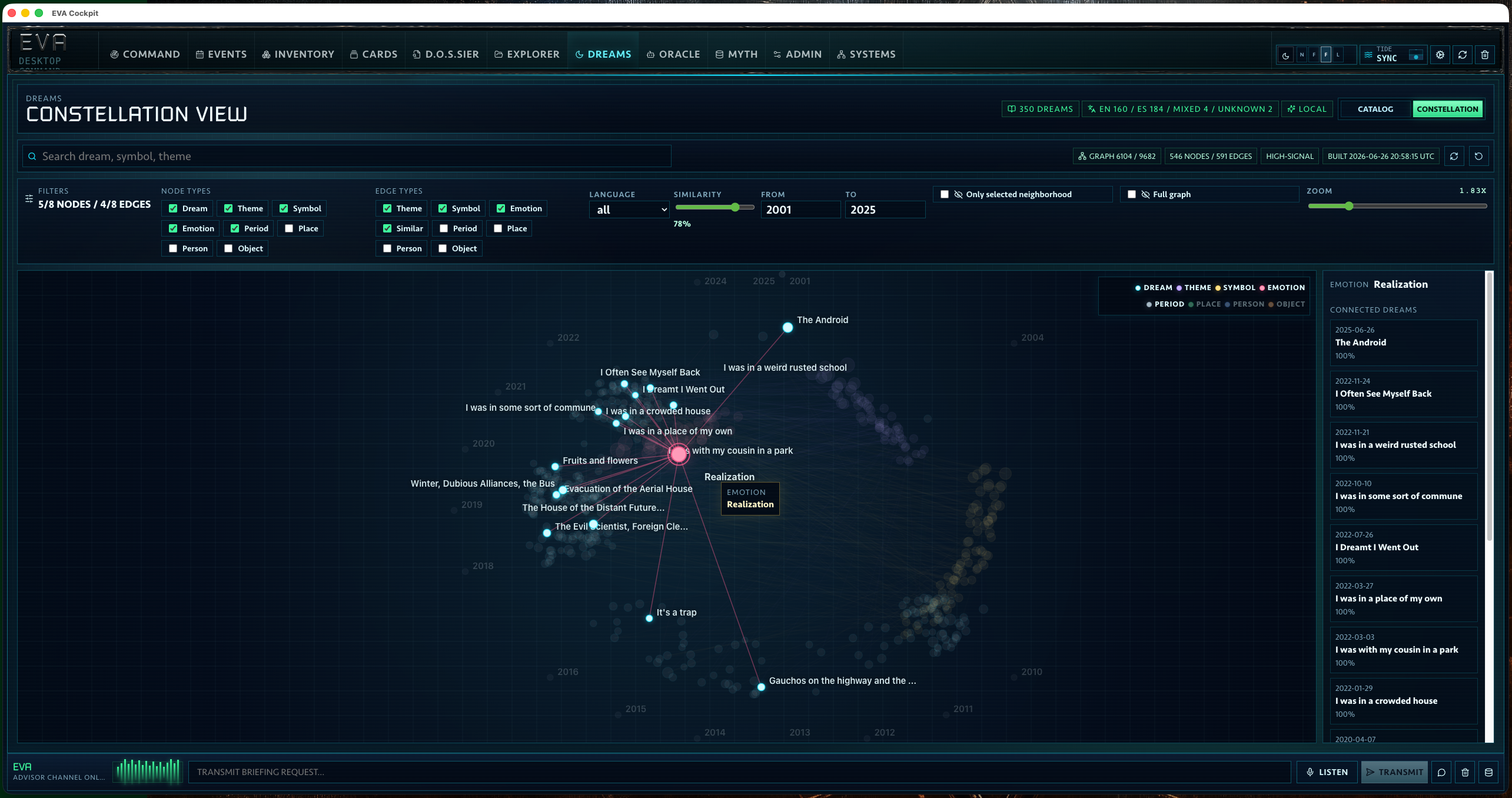 A selected emotion node revealing its connected dreams in the constellation