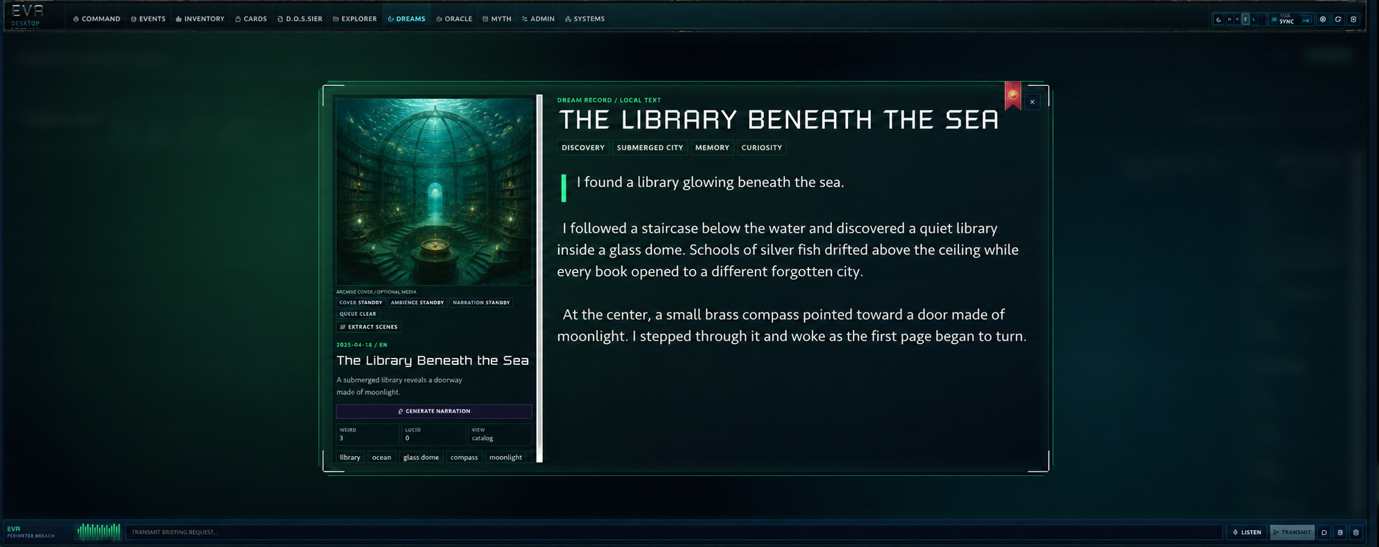Fictional demo dream titled The Library Beneath the Sea with an underwater library cover