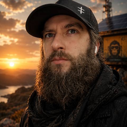 Portrait of Lucas Matías Randazzo at sunset beside a solar array