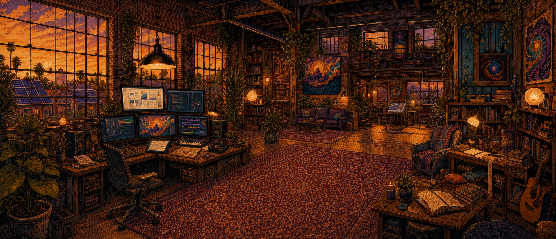 A wide creative loft studio for app design, illustration, writing and music creation